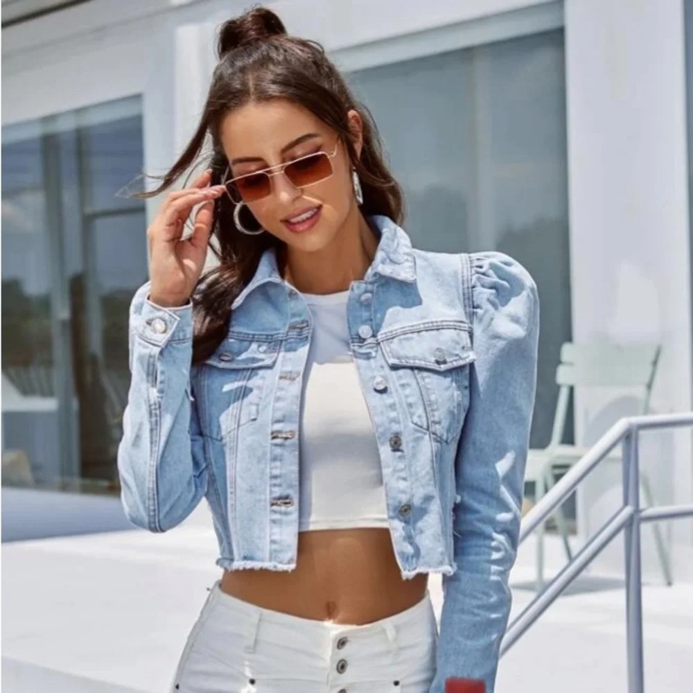 Light Blue Cropped Jean Jacket with Puff Sleeves - Picture 3 of 6